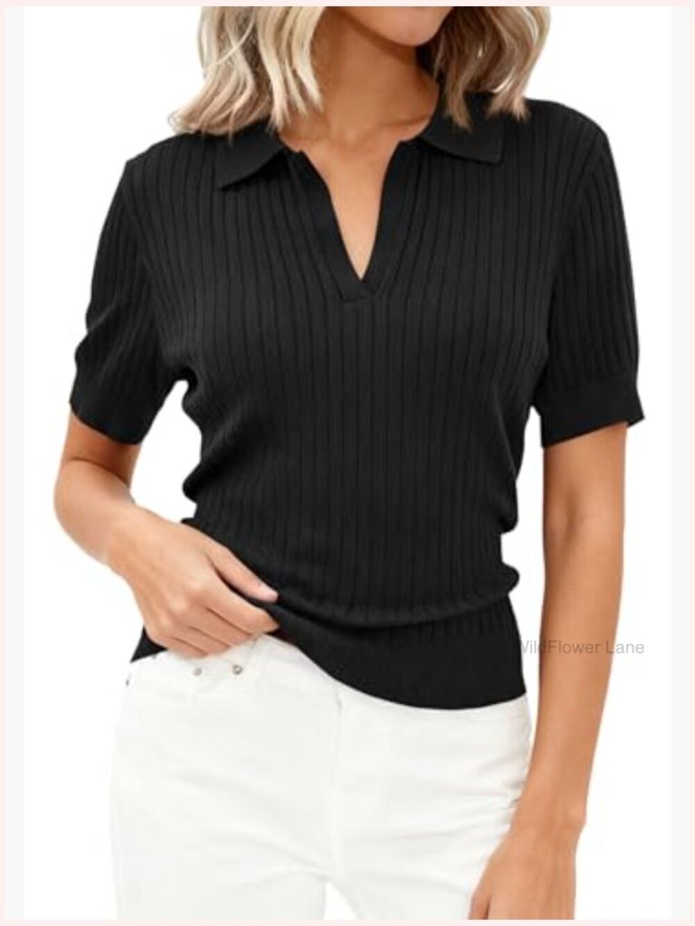 Short Sleeve Ribbed Knit V Neck Pullover Sweater - Picture 2 of 7
